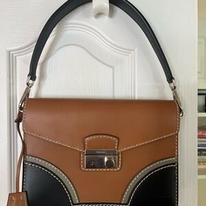 Prada Tan and Black Leather Shoulder Bag